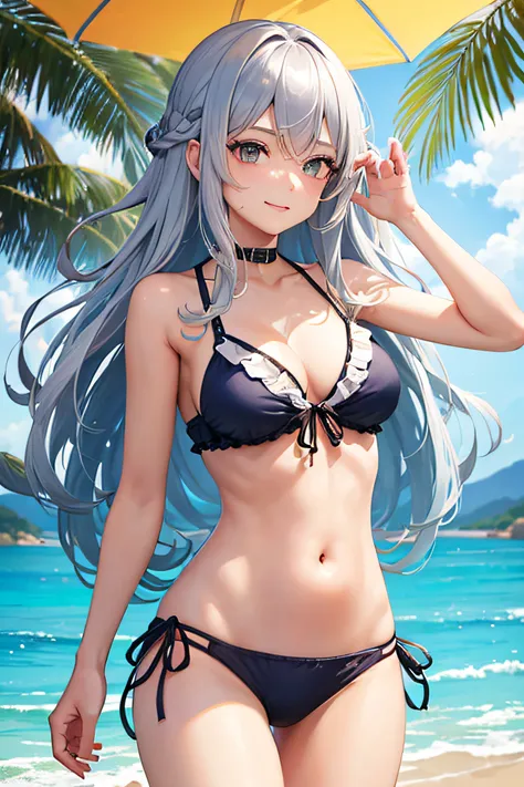 1 girl in, (masutepiece: 1.1), (Best Quality: 1.1), Colorful bikini, (Beach: 1.1)、From below、Cowboy Shot, Silver hair, Long hair, Green eyes, Side view,