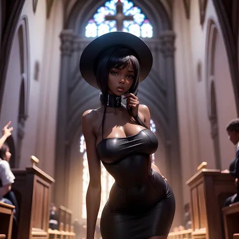 Slender black woman masturbating in front of a crowded church.