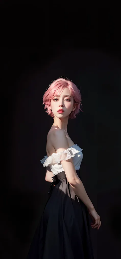 high quality,masterpiece,extremely detailed,high res,4k,ultra high res,detailed shadow,ultra realistic,realistic,dramatic lighting,1girl,solo,detailed face,realistic eyes,realistic skin,pink hair,dynamic pose, dynamic angle, white flowery dress, short hair...