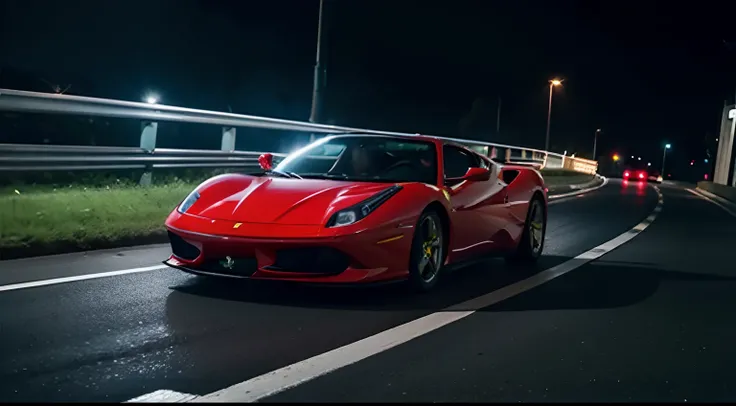 Ferrari standing sideways on the road, night