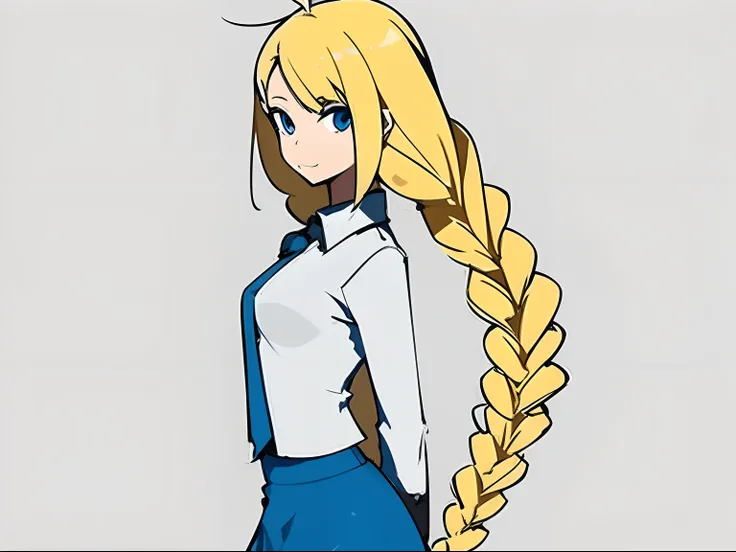 Design art style，A blonde hair，Young girl with simple twisted braids，Wear a plain skirt，character sheet，white backgrounid,Anime style