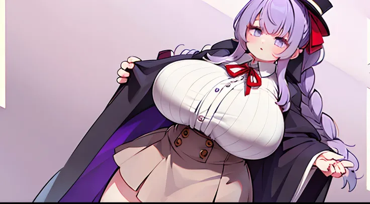 1 girl, Game CG, Ruffled white shirt, short red skirt, cloaks, Top hat, Neck ribbon, Hair Ribbon, ((huge-breasted, huge tit、Muchimuchi))Light purple hair, Long hair, french braids, Purple eyes, Halloween Backgrounds,Lori