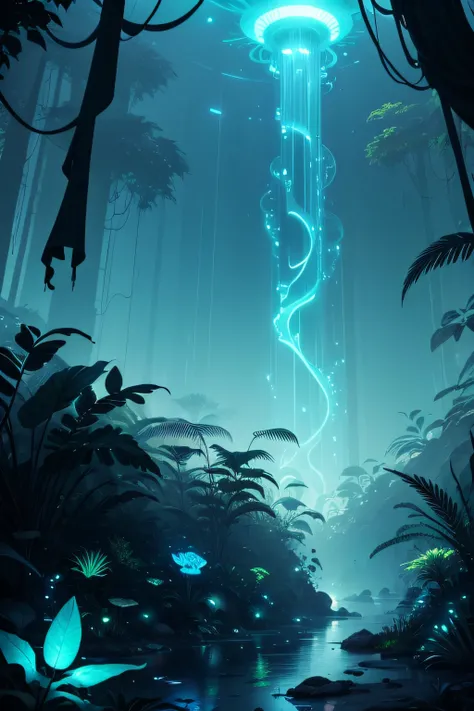 Dangerous alien jungle with bioluminescence