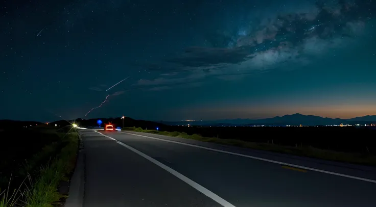 A road running horizontally from right to left and a starry night sky in the background