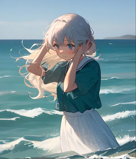 Girl watching the sea ruffling her hair