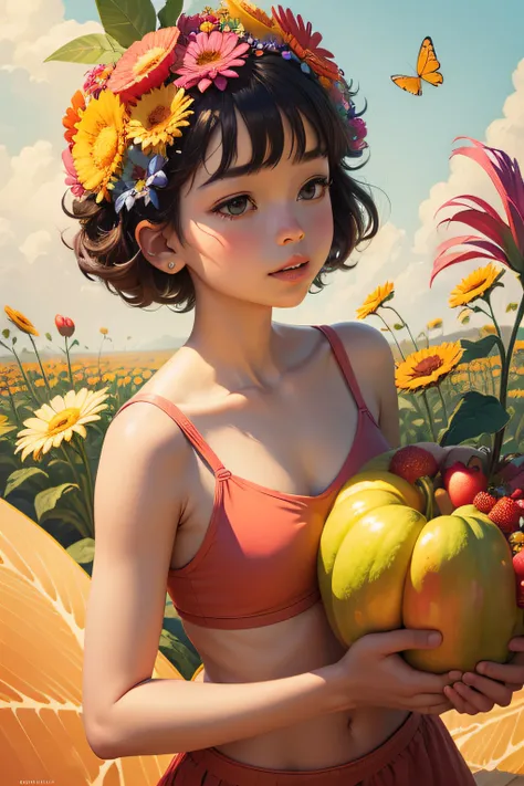 Produce a whimsical digital illustration with a contemporary and fanciful style, influenced by the work of a contemporary artist, depicting the Panswé Belu indulging in a colorful harvest of flowers and fruits in a composition that radiates whimsy