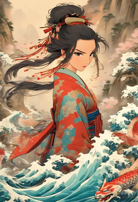 (((woman)) best quality, ultra-high resolution, 4K detailed CG, masterpiece, Izanami,Black hair,woman, samurai,water,river,feudal Japan, ((In water)),Shui Mo Hua ,Chinese painting style, Thangka Style, aesthetics, beautiful image, centered on the canvas