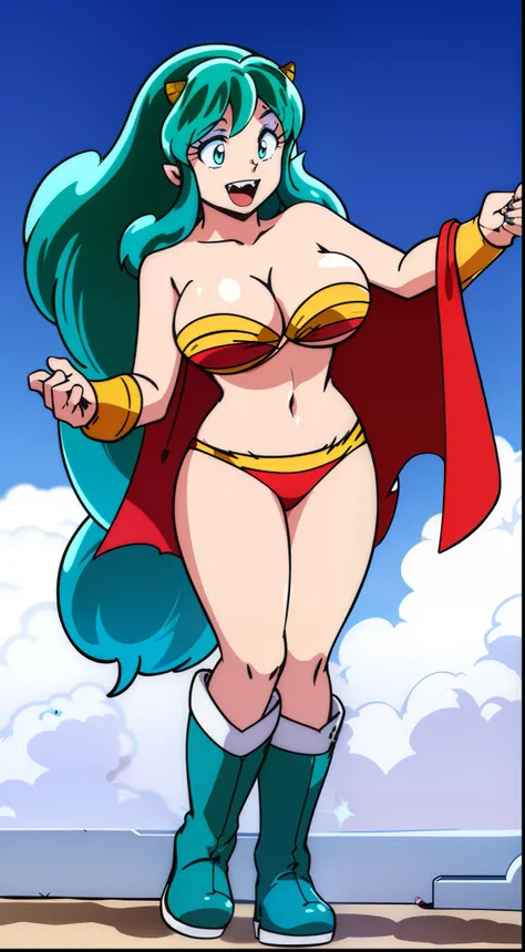 lum, superhero costume,, standing,, boots, oni, smile,, full body, sentai, bikini, horns, curvy, big breast, open mouth teeths, fangs