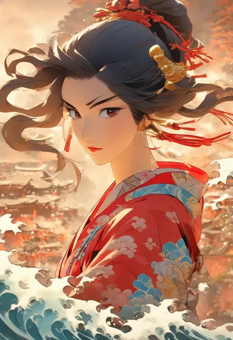 (((woman)) best quality, ultra-high resolution, 4K detailed CG, masterpiece, Izanami,Black hair,woman, samurai,water,river,feudal Japan, ((full body)),Shui Mo Hua, Chinese painting style, Thangka Style, aesthetic, beautiful image, centered on the canvas