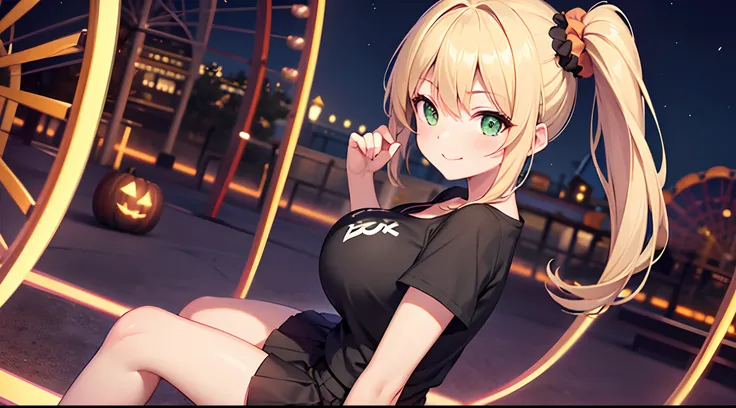 1 girl, game CG, plain black T-shirt, white short skirt, hair scrunchie, gigantic breasts, blonde, middle hair, side ponytail, green eyes, night, amusement park, Halloween background, smile,