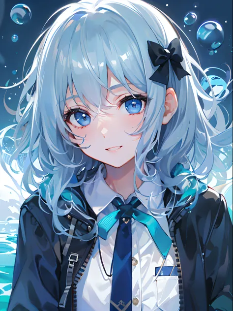 ((top-quality)), ((​masterpiece)), ((ultra-detailliert)), (extremely delicate and beautiful), girl with, 独奏, cold attitude,((Black jacket)),She is very(relax)with the(Settled down)Looks,A dark-haired, depth of fields,evil smile,Bubble, under the water, Air...