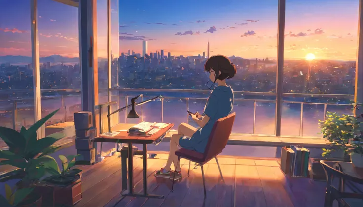 portlate、512、lo fi、Girl in headphones sitting on a chair、Take a nap at your desk、Eyes closed、City view outside the window、early evening、PastelColors、Painting