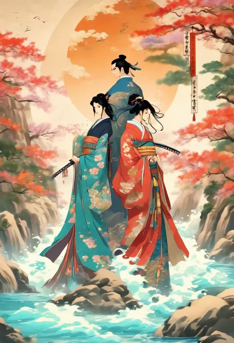 (((couple)) best quality, ultra-high resolution, 4K detailed CG, masterpiece, A couple,Black hair,woman,samurai man,water,river,feudal Japan, ((man and woman)),Shui Mo Hua, Chinese painting style, Thangka Style, aesthetics, beautiful image, centered on the...