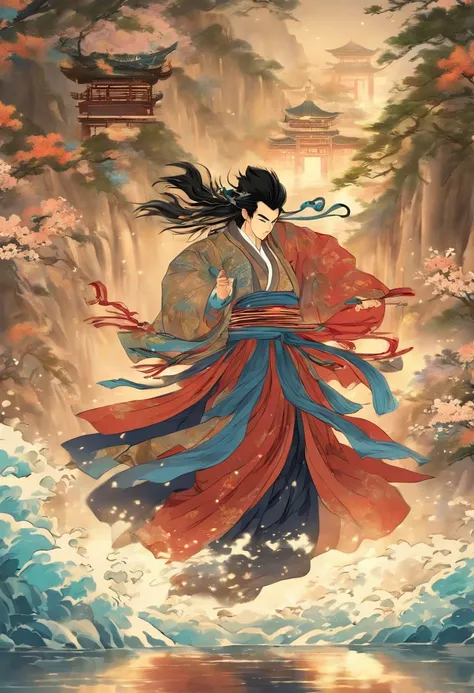 (((husband and wife)) best quality, ultra-high resolution, 4K detailed CG, masterpiece, A couple,Black hair,couple,dancing,samurai,water,river,feudal Japan, ((dancing couple)) ,Shui Mo Hua,Chinese painting style, Thangka Style, aesthetics, beautiful image,...