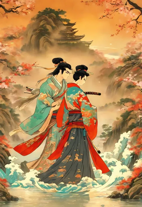 (((husband and wife)) best quality, ultra-high resolution, 4K detailed CG, masterpiece, A couple,Black hair,couple,dancing,samurai,water,river,feudal Japan, ((dancing couple)) ,Shui Mo Hua,Chinese painting style, Thangka Style, aesthetics, beautiful image,...