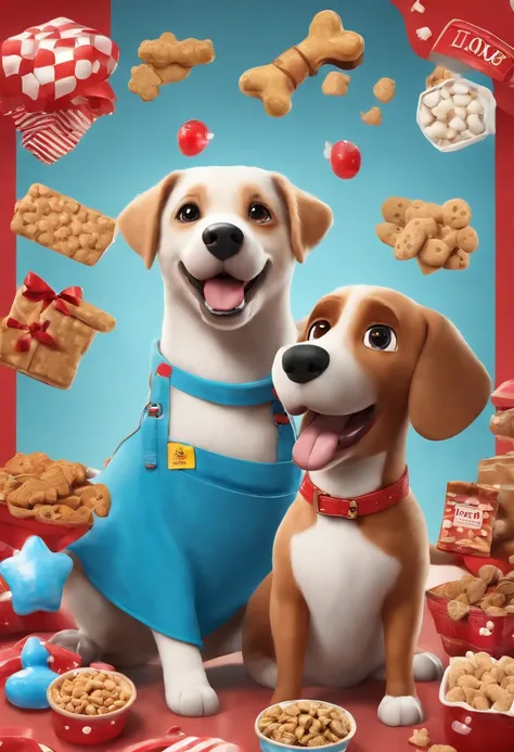 there is a cute dog in a red apron in the center of the poster, holding a shopping basket in his handvery happy and content expression, surrounded by pet treats, toys, and clothing.with a light bluebackground, masterpiece, sunny, poster, 3d, c4d, oc render...