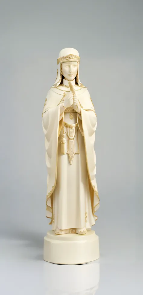 A closeup of a statue of a woman in a white cloak, Santo de ouro bonito, ( figura altamente detalhada ), santo, imagem detalhada, imaculadamente detalhado, em detalhe, detailed high resolution, vista lateral detalhes intrincados, majestosa mulher de santo,...