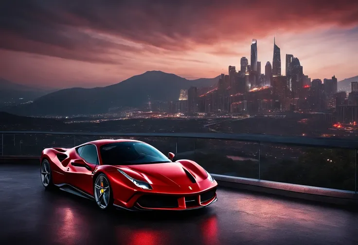 (Best quality, 8k, Masterpiece :1.2), hyper realistic, cyberpunk, at a mountain, an detailed red Ferrari 488, skyscrapers in the background, at night