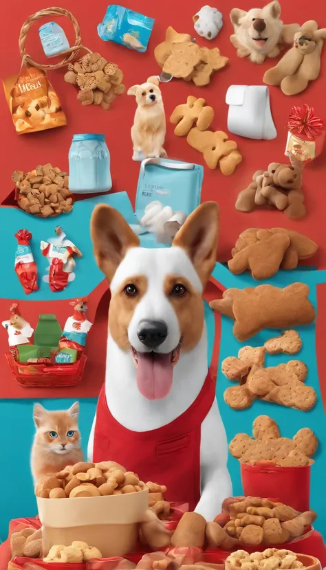 there is a cute dog in a red apron in the center of the poster, holding a shopping basket in his handvery happy and content expression, surrounded by pet treats, toys, and clothing.with a light bluebackground, masterpiece, sunny, poster, 3d, c4d, oc render...