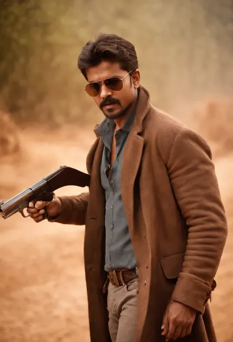 thalapthy vijay as cowboy with a gun in hand artistic style image realstic wearing brown coat in place where there is wind blowing dust effect having a wild look and beard and rage in the eyes with a ciggarette in his mouth and wearing cool sunglass in a b...