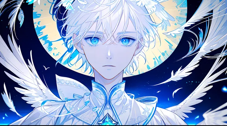 ((Young Men)), Angel, Feathered wings, Feathers Flying, White Roman Robe, (Collar), short Hair, white hair, blue eyes, white skin, (((Extremely Clear and Delicate Depiction of Facial Features))), Milky Way, ((Delicate Eye Depiction)), Dynamic Pose, Dramati...