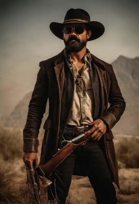 thalapthy vijay as cowboy with a gun in hand artistic style image having a wild look and beard and rage in the eyes with a ciggarette in his mouth and wearing cool sunglass in a blasting fire background