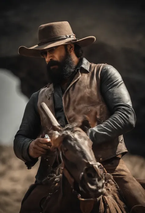 thalapthy vijay as cowboy with a gun in hand artistic style image having a wild look and beard and rage in the eyes with a ciggarette in his mouth and wearing cool sunglass in a blasting fire background