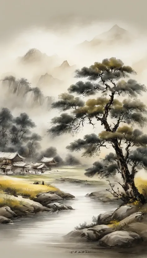 Chinese landscape painting，ink and watercolor painting，water ink，inky，Smudge，Faraway view，Ultra-wide viewing angle，meticulous，Diagram of 5 cows，Five scalpers，River side，Small stone bridge，grass field，The tree，The view is the mountains，（8k wallpaper），（光影效果）...