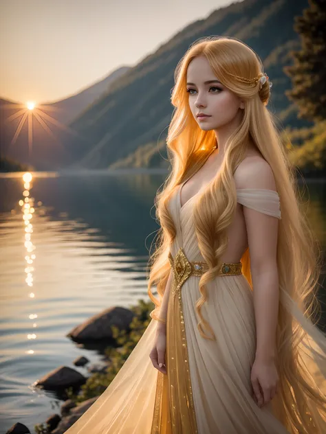 the ethereal beauty of a lady with long golden hair standing by the shimmering lake as the sun sets in a breathtaking display of colors, Ethereal, Golden Hour, Reflective, Graceful, Lakeside, DSLR, Lens: 50mm, Sunset, Fine Art, film color --auto --s2