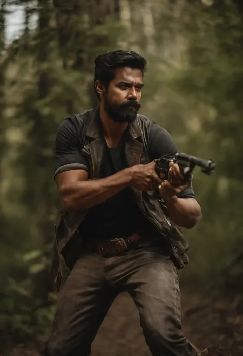 thalapthy vijay as cowboy with a gun in hand artistic style image having a wild look and beard and rage in the eyes with a ciggarette in his mouth and wearing cool sunglass in a blasting fire background