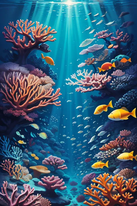 Produce a radiant digital illustration with a contemporary twist, influenced by the work of a contemporary artist, showcasing the rich marine biodiversity of the enchanting underwater world, with colorful coral reefs and a symphony of marine life in a comp...