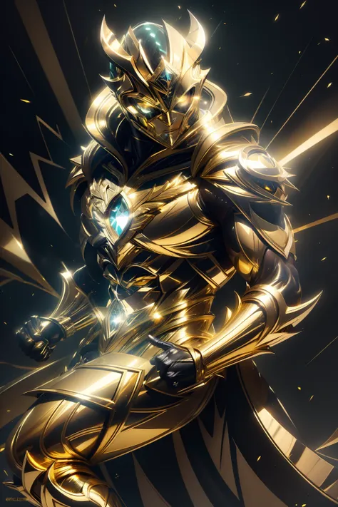 Create an NFT of a metallic superhero in a golden costume, com detalhes em amarelo e preto. He must be in an iconic combat pose, com olhos brilhantes e efeitos de luz que refletem sua armadura 
dourada,metálicaa."