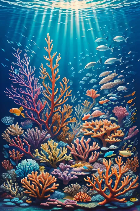 Craft a vibrant acrylic painting with realistic details, reminiscent of the work of a local marine artist, capturing the undersea spectacle of an enchanting underwater world adorned with colorful coral reefs and teeming marine life in a composition that sh...