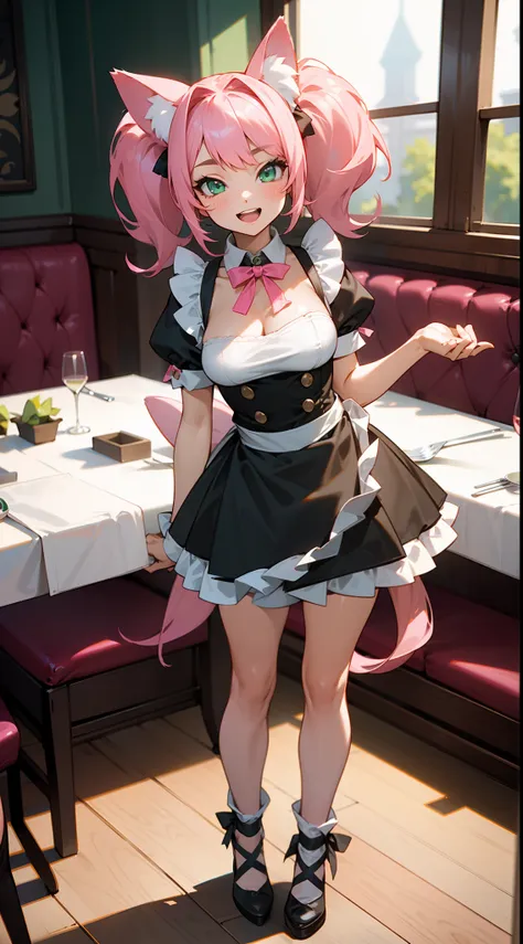 1girl,solo,happy face,teeth,white and black maid outfit,medium tits,pink cat ears,light pink hair,mega twintails,green eyes,(((standing in a restaurant))),