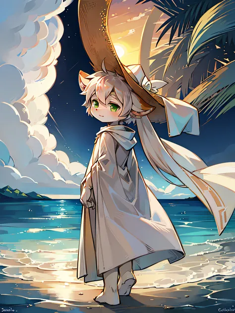 A white deer，Green eyes，long white robe，sandbeach，the ocean，the setting sun，flowing robe，eventide，Straw Hat Hat，Shota，adolable，facing away from the audience，having fun，Expectant eyes