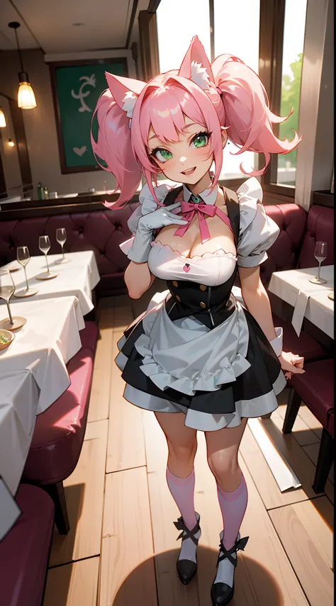 1girl,solo,happy face,teeth,white and black maid outfit,medium tits,pink cat ears,light pink hair,mega twintails,green eyes,(((standing in a restaurant))),