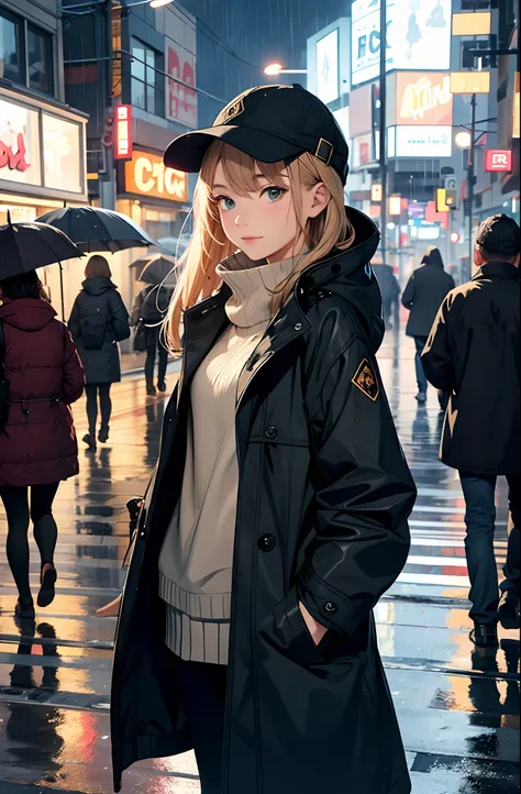 1girl, Night City, rain, coat, hands in pockets