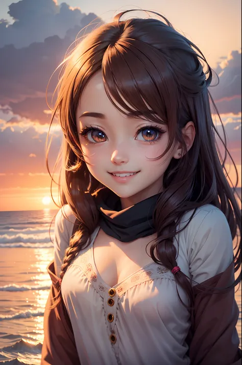 Anime style, In the sky, over the sea, Both eyes open, Eyes detailed, in the sunset, Smiling, Masterpiece, 4K, Detailed face, Good anatomy, high light,