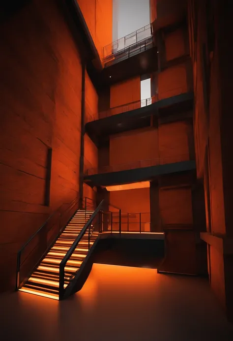 SCP class-D containment zone modern architecture inside a cavern theme is orange and dark steel with double story cell block and a tall roof/loft, needs catwalks and blast doors