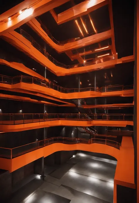 SCP class-D containment zone modern architecture inside a cavern theme is orange and dark steel with double story cell block and a tall roof/loft, needs catwalks and blast doors