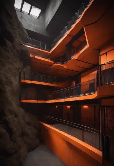 SCP class-D containment zone modern architecture inside a cavern theme is orange and dark steel with double story cell block and a tall roof/loft, needs catwalks and blast doors