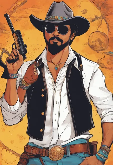 ThalapathyVijay as a cowboy holding a gun in hand smoking a ciggerate wearing a cool sunglass having beard and salt and pepper hairs standing near a blasting background looking fiercely