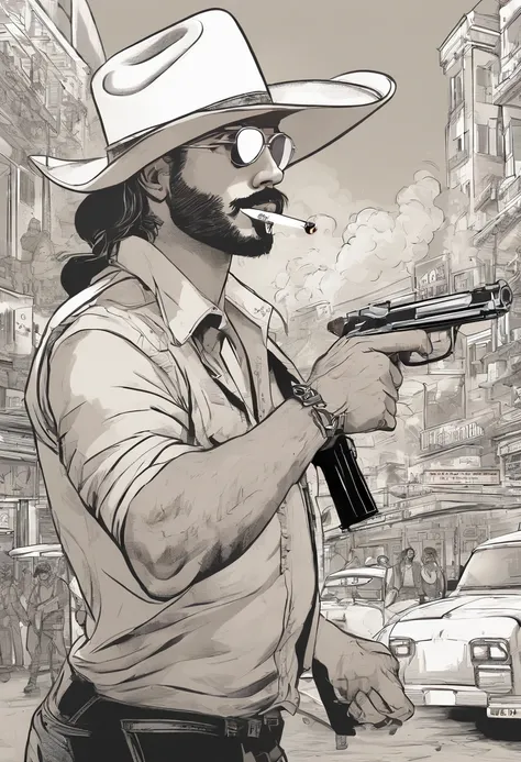 ThalapathyVijay as a cowboy holding a gun in hand smoking a ciggerate wearing a cool sunglass having beard and salt and pepper hairs standing near a blasting background looking fiercely