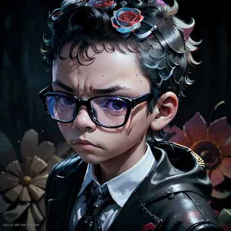 day of the dead chibi-boy wearing glasses in stylish suit over text "gutto nerd" in serious black, withered flowers and day of t...