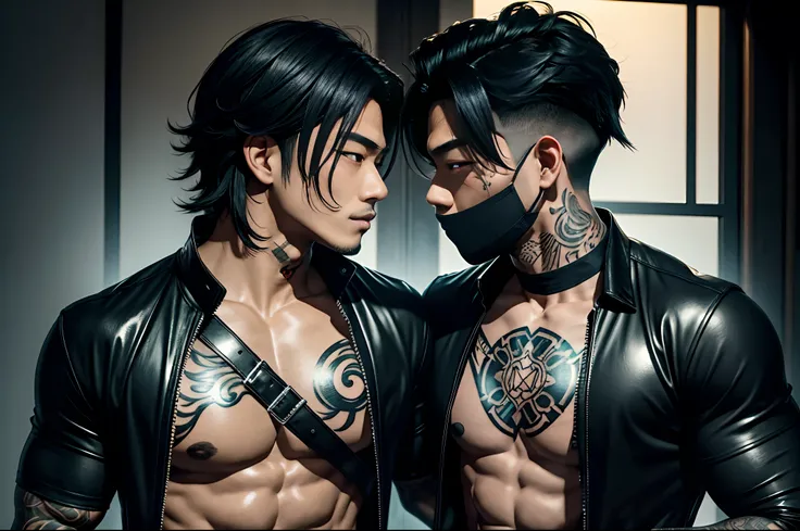 Two oriental men, Boyfriend,Gay, In the fun, roleplaying, Play as a sexy bandit,A mask（black in color）!!,Kim Sejias anime eyes, Shin Jung-hos anime eye,  Kiss!!,Head fit, Its almost a kiss, body defined, Beautiful, Oriental, Realistic, Cinematic, High qual...