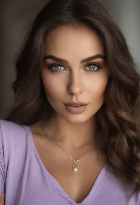 Arafed woman with a white tank top and necklace, fille sexy aux yeux vert,Portrait Sophie Mudd, cheveux bruns et grands yeux, selfie of a young woman, Yeux de chambre, Violet Myers, sans maquillage, maquillage naturel, looking straight at camera, Visage av...