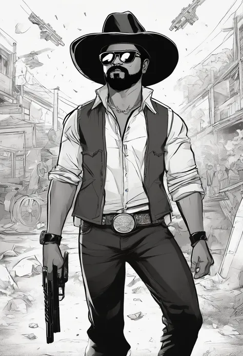 Actor Thalapathy Vijay as a cowboy holding a gun in hand wearing a cool sunglass having beard and standing near a blasting background looking fiercely