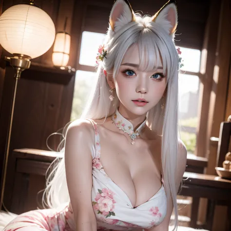 Miss Fox Demon，T-shirt wraps around your neck，High collar、High collar、High collar、High collar、High collar、High collar、Fox Devil Fox Ears White Hair Girl，You can overlook the night view of Changan，Sexy and feminine，sit pose，Fluffy fox ears，fox tails，No ears...