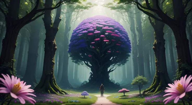 Oscar winning detailed photography, cinematic scene, Enchanted forest, with elves, with a giant fantastical flowers, creative, absurd, cinematic shot, concept art, --ar 14:9 --s 750 --chaos 100