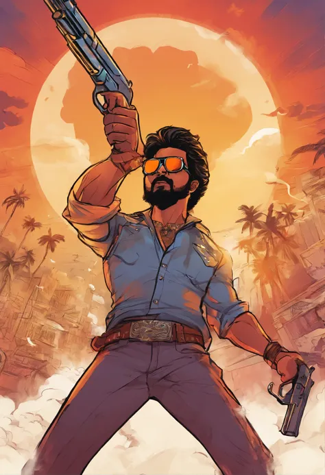 Actor Thalapathy Vijay as a cowboy holding a gun in hand wearing a cool sunglass having beard and standing near a blasting background looking fiercely